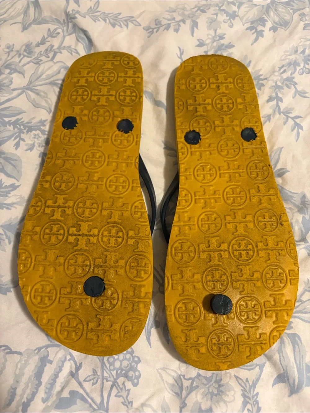 Tory Burch Yellow Patterned Flip Flops with Navy Straps